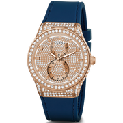 Guess Multifunction Crystals Rose Gold Dial Blue Rubber Strap Watch For Women - GW0439L4