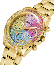 Guess Confetti Chronograph Rainbow Dial Gold Steel Strap Watch For Women  - GW0483L4