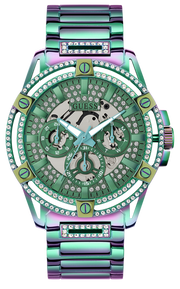 Guess King Iridescent Multifunction Multicolor Dial Purple Steel Strap Watch For Men - GW0497G3