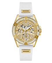 Guess Queen Quartz Gold Dial White Silicone Strap Watch For Women - GW0536L2