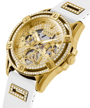 Guess Queen Quartz Gold Dial White Silicone Strap Watch For Women - GW0536L2