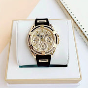 Guess Queen Quartz Gold Dial Black Silicone Strap Watch For Women - GW0536L3