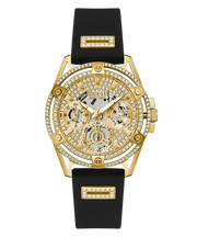 Guess Queen Quartz Gold Dial Black Silicone Strap Watch For Women - GW0536L3
