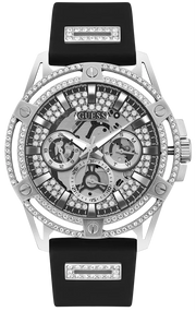Guess King Quartz Crystals Silver Dial Black Silicone Strap Watch For Men - GW0537G1