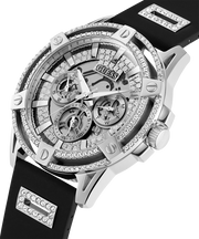Guess King Quartz Crystals Silver Dial Black Silicone Strap Watch For Men - GW0537G1
