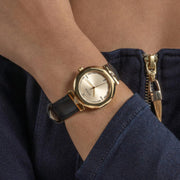 Guess Rumour Quartz Gold Dial Black Leather Strap Watch For Women - GW0689L2