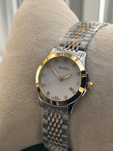 Gucci G Timeless Diamonds Mother of Pearl Dial Two Tone Mesh