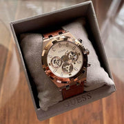 Guess Analog Multifunction White Dial Brown Leather Strap Watch for Men - GW0262G3