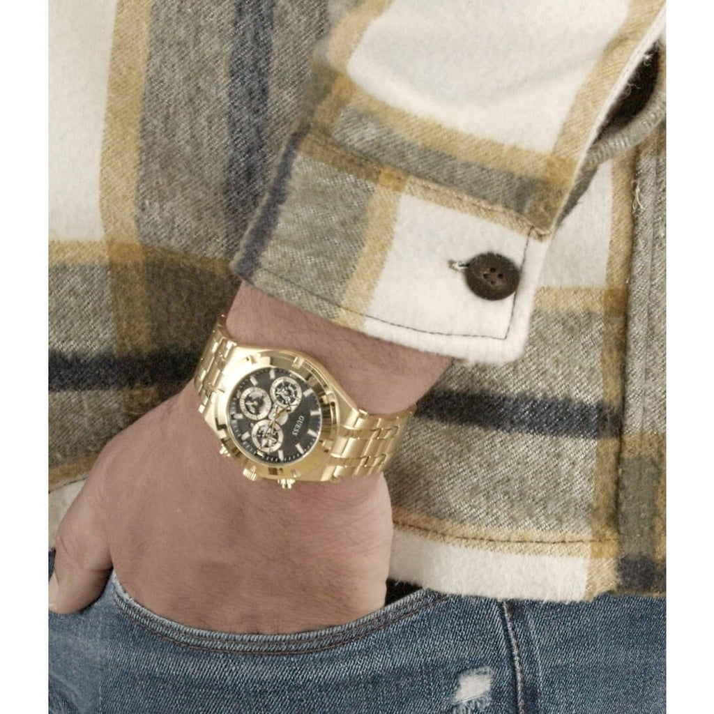 Guess Continental Black Dial Gold Steel Strap Watch for Men - GW0260G2