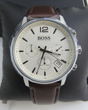Hugo Boss Slim Chronograph White Dial Brown Leather Strap Watch For Men - 1513263