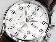 Hugo Boss Aeroliner Chronoraph White Dial Brown Leather Strap Watch For Men - 1512447