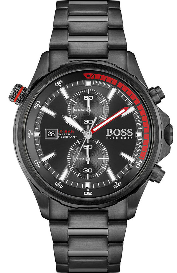 Hugo Boss Globetrotter Chronograph Black Dial Black Steel Strap Watch for Men - 1513825
