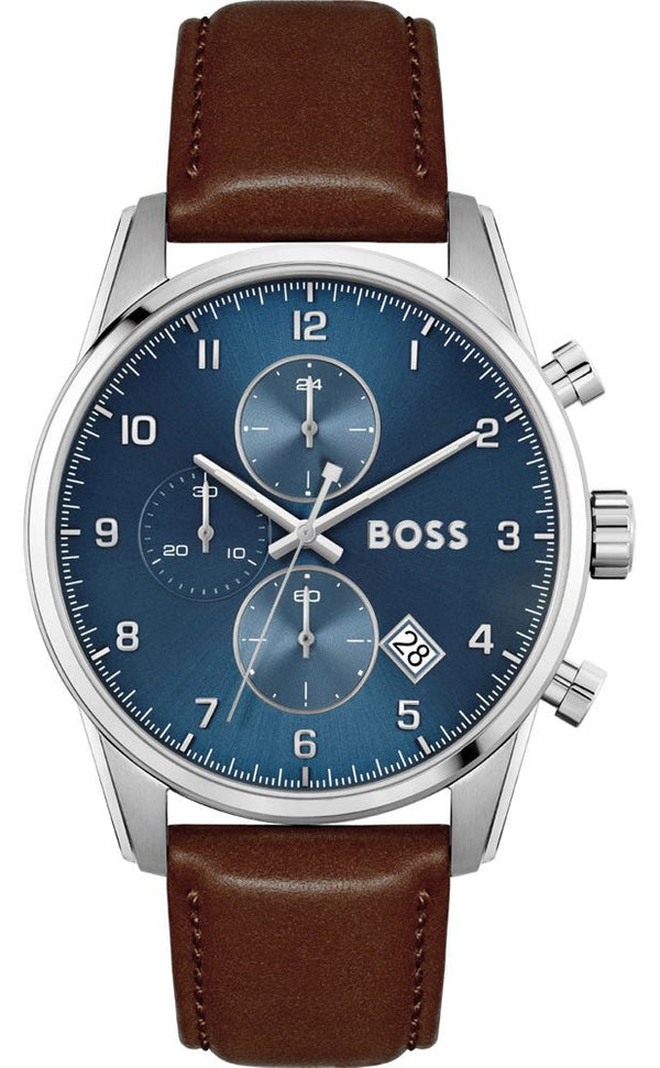 Hugo Boss Skymaster Chronograph Blue Dial Brown Leather Strap Watch for Men - 1513940