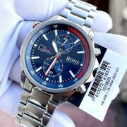 Hugo Boss Globetrotter Chronograph Blue Dial Silver Steel Strap Watch for Men - 1513823