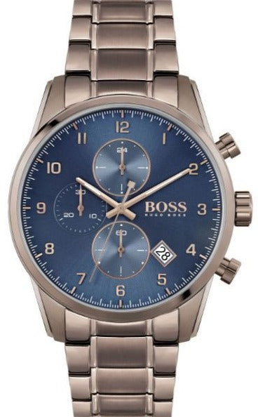 Hugo Boss Skymaster Chronograph Blue Dial Brown Steel Strap Watch for Men - 1513788