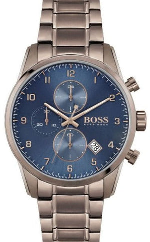 Hugo Boss Skymaster Chronograph Blue Dial Brown Steel Strap Watch for Men - 1513788