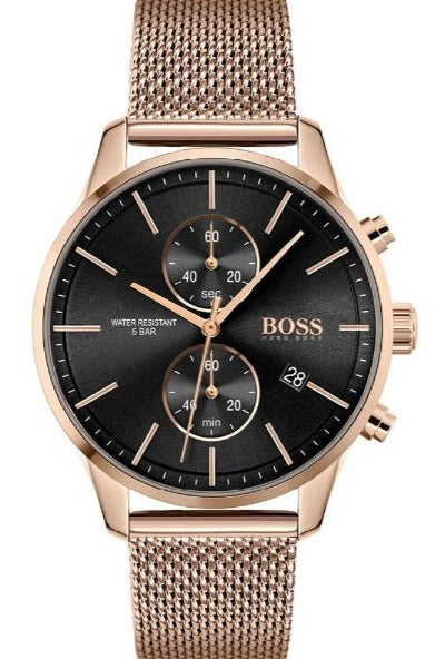Hugo Boss Associate Chronograph Black Dial Rose Gold Mesh Bracelet Watch for Men - 1513806