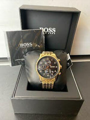 Hugo Boss Navigator Chronograph Black Dial Gold Steel Strap Watch for Men - 1513531