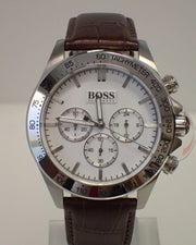 Hugo Boss Ikon Chronograph White Dial Brown Leather Strap Watch for Men - 1513175