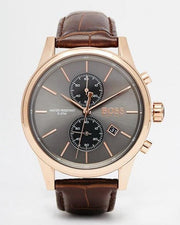 Hugo Boss Jet Chronograph Grey Dial Brown Leather Strap Watch for Men - 1513281