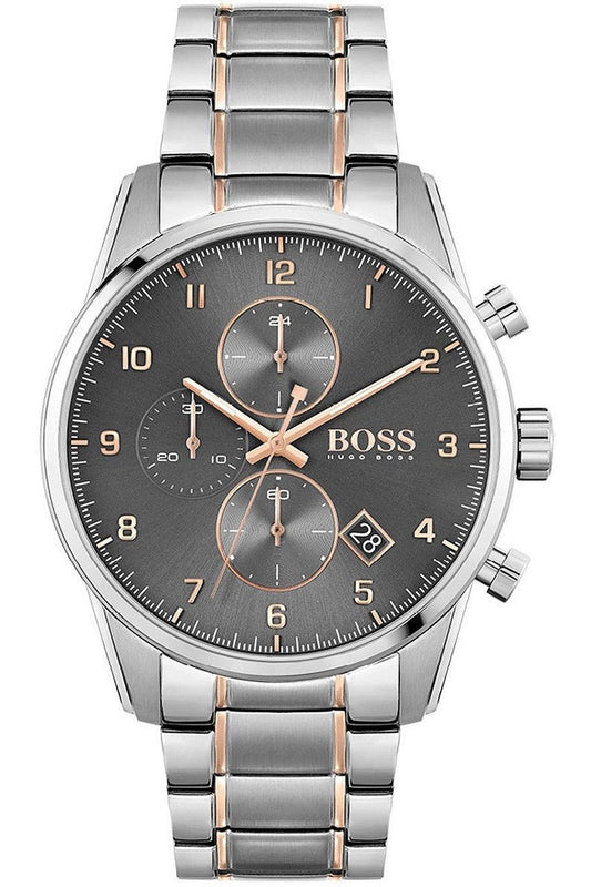 Hugo Boss Skymaster Chronograph Grey Dial Two Tone Steel Strap Watch for Men - 1513789