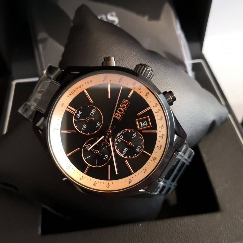 Hugo Boss Grand Prix Black Dial Black Steel Strap Watch for Men - 1513578