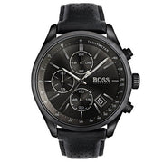 Hugo Boss Grand Prix Chronograph Black Dial Black Leather Strap Watch for Men - 1513474