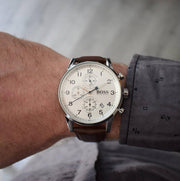 Hugo Boss Navigator Chronograph White Dial Brown Leather Strap Watch for Men - 1513495