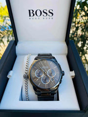 Hugo Boss Classic Chronograph Grey Dial Grey Steel Strap Watch for Men - 1513364