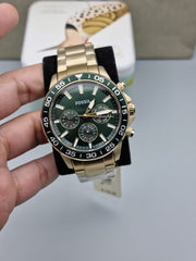 Fossil Bannon Multifunction Chronograph Green Dial Gold Steel Strap Watch for Men - BQ2493