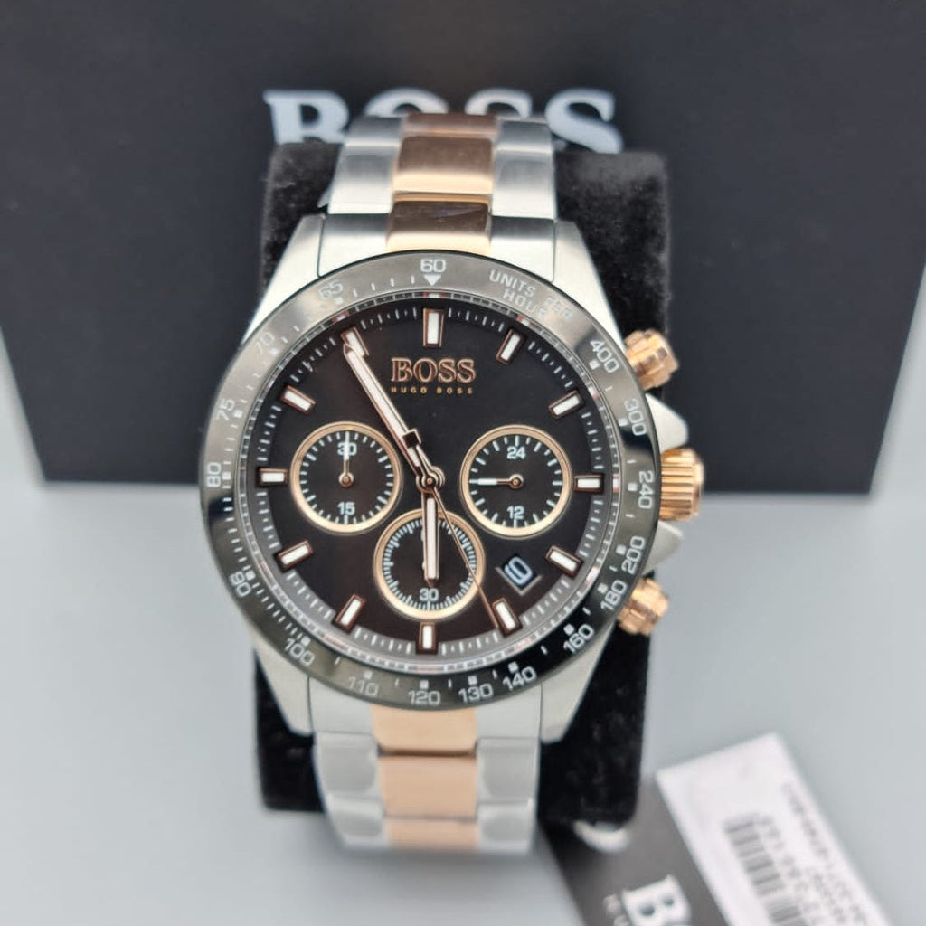 Hugo Boss Here Chronograph Black Dial Two Tone Steel Strap Watch