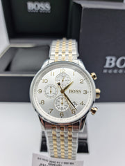 Hugo Boss Navigator Chronograph White Dial Two Tone Steel Strap Watch for Men - 1513499