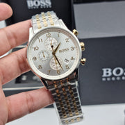 Hugo Boss Navigator Chronograph White Dial Two Tone Steel Strap Watch for Men - 1513499