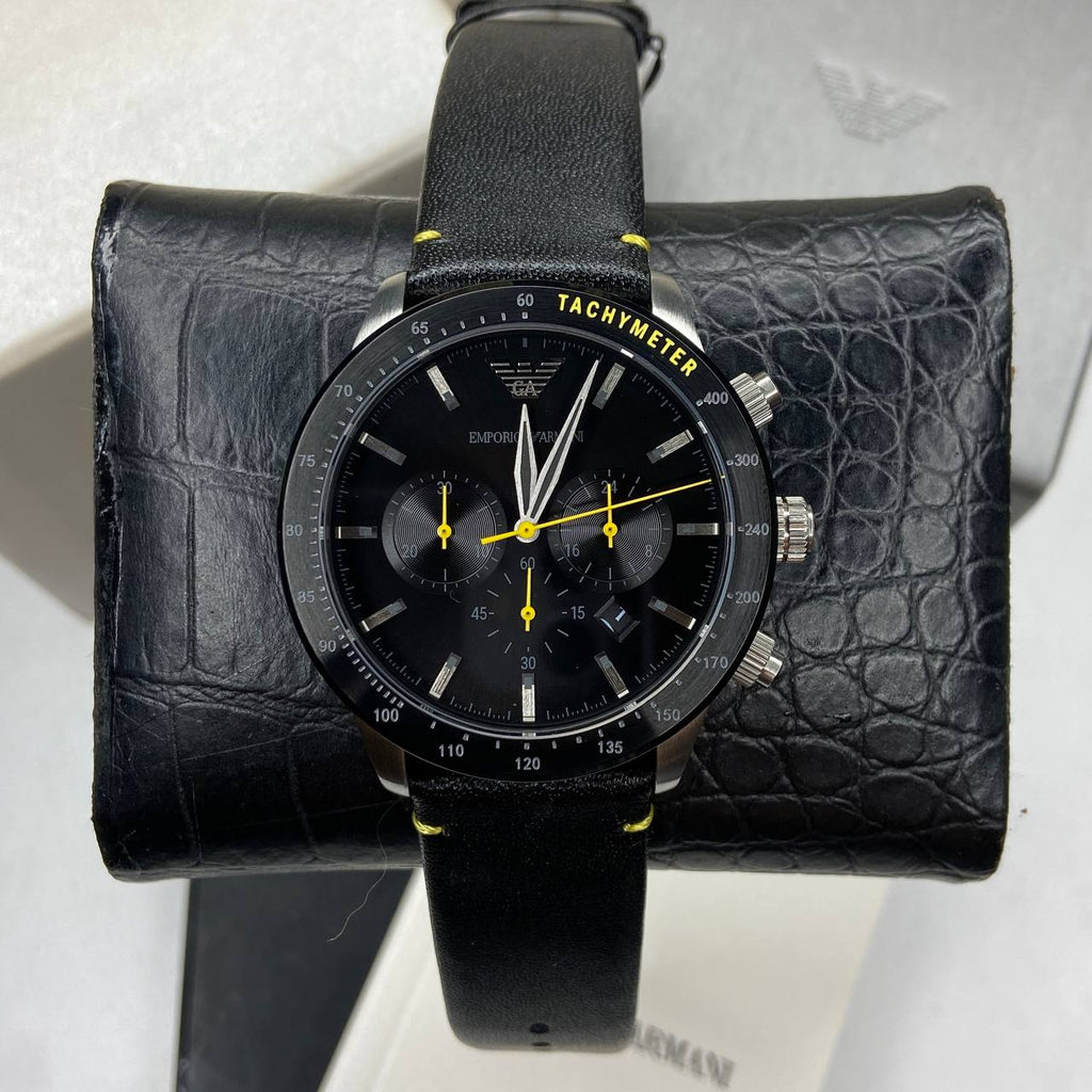 Emporio Armani Mario Chronograph Black Dial Black Leather Strap
