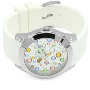 Guess Wanderlust Crystals Silver Dial White Rubber Strap Watch For Women - W1059L3