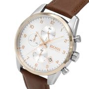 Hugo Boss Skymaster Chronograph White Dial Brown Leather Strap Watch for Men - 1513786