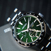 Seiko Presage Sharp Edged Series GMT Green Dial Silver Steel Strap Watch For Men - SPB219J1