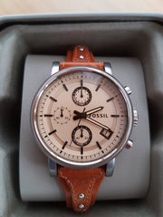 Fossil Original Boyfriend Sport Chronograph Beige Dial Brown Leather Strap Watch for Women - ES4046