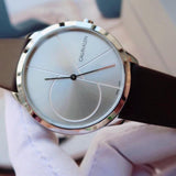 Calvin Klein Minimal Silver Dial Brown Leather Strap Watch for Men - K3M211G6