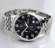 Hugo Boss Aeroliner Chronograph Black Dial Silver Steel Strap Watch For Men - 1512446