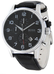 Hugo Boss Aeroliner Chronograph Black Dial Black Leather Strap Watch For Men - 1512448