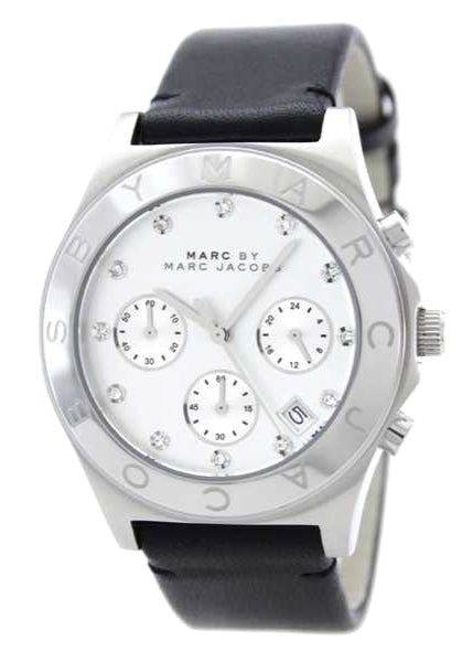 Marc Jacobs Blade Chronograph White Dial Black Leather Strap Watch for Women - MBM1189