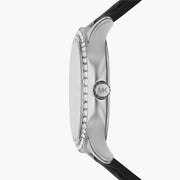 Michael Kors Sage Three-Hand Mother of Pearl White Dial Black Leather Strap Watch for Women - MK4821