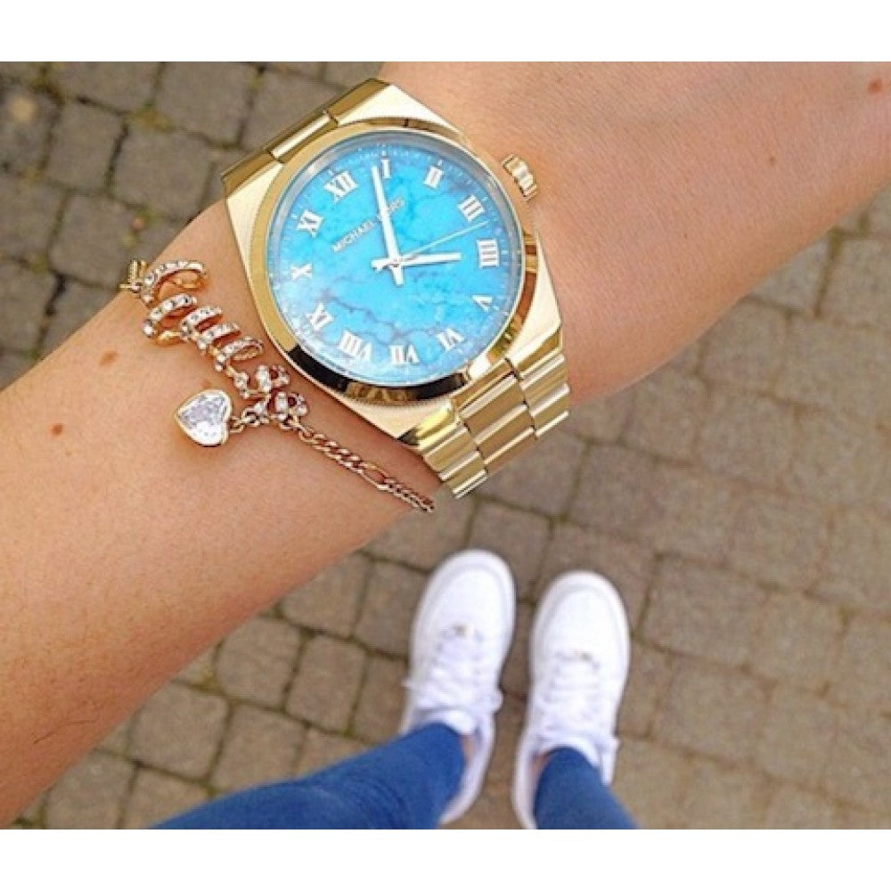 Michael Kors Channing Turquoise Dial Gold Steel Strap Watch For Women