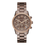 Michael Kors Ritz Chronograph Brown Dial Brown Steel Strap Watch For Women - MK6529