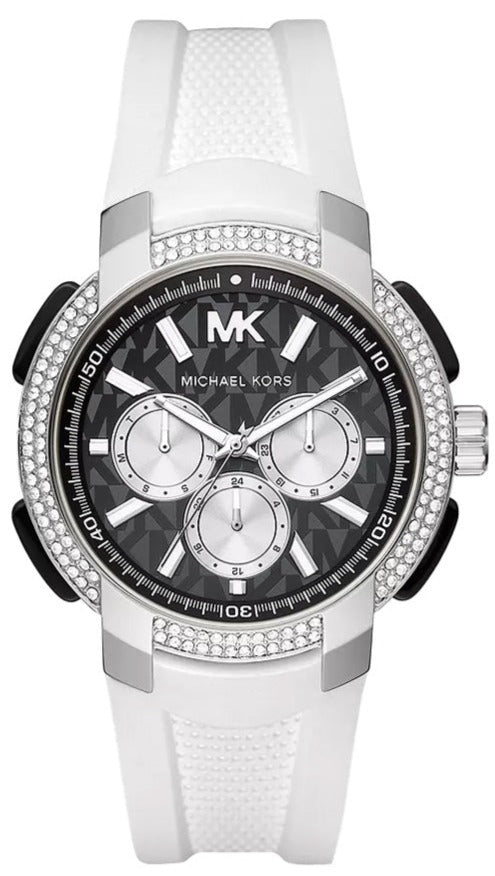 Michael Kors Sidney Multifunction Black Dial White Silicone Strap Watch For Women - MK6947