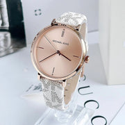 Michael Kors Jayne Three Hand Rose Gold Dial White Leather Strap Watch For Women - MK7128