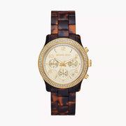 Michael Kors Runway Chronograph Gold Dial Brown Acetate Strap Watch for Women - MK7475