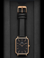 Daniel Wellington Quadro Black Dial Black Leather Strap Watch For Women  - DW00100449