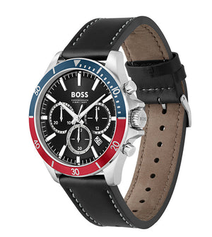 Hugo Boss Troper Chronograph Black Dial Black Leather Strap Watch For Men - 1514099